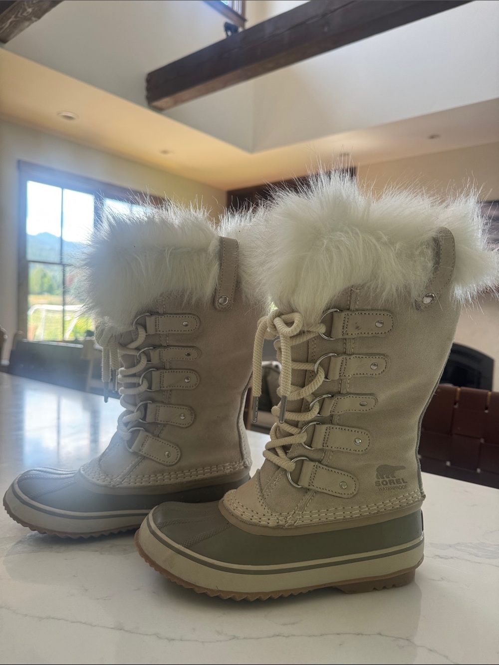 SOREL Joan of Arctic cream suede taupe faux fur waterproof winter snow boots